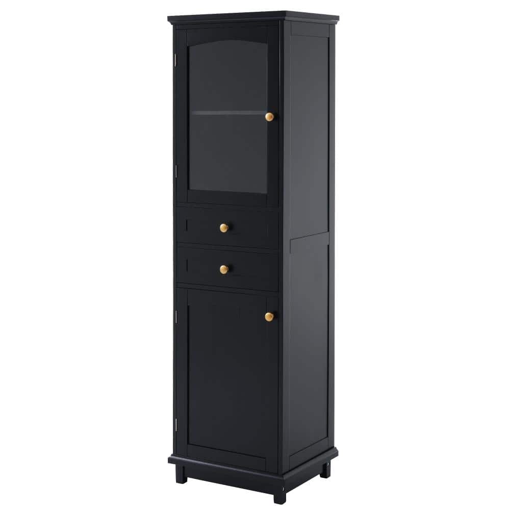 Qualler 63 in. H Black Freestanding Storage Cabinet with Glass Doors, Adjustable Shelves and Two Drawers (2)