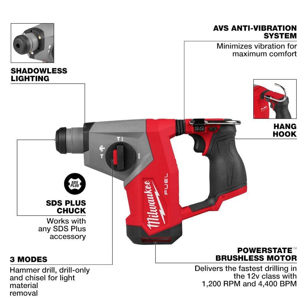 Milwaukee M12 FUEL 12V Lithium-Ion Brushless Cordless 5/8 in. SDS-Plus Rotary Hammer Drill, & Jig Saw (3)