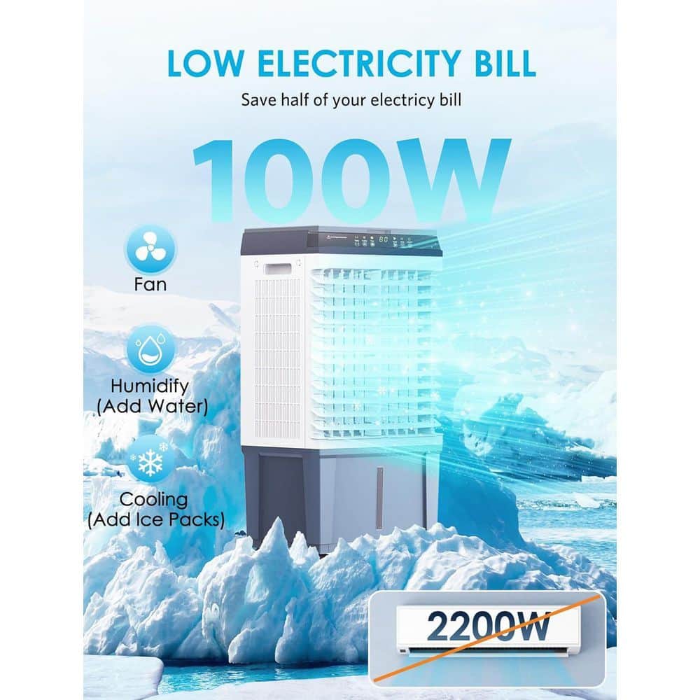 Adrinfly 12H Timer 1800 CFM Portable Evaporative Air Cooler with 6-Ice Packs 5.3 Gal Tank 3-Speeds 110° Swing Remote in Blue (2)