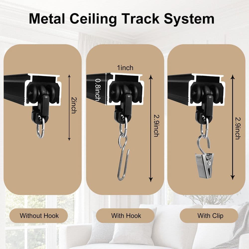 Wudkey 72 in. to 108 in. Ceiling Curtain Track in Black, Wall Mount Sliding Curtain Rail with Clip and Hooks for Shower (2)