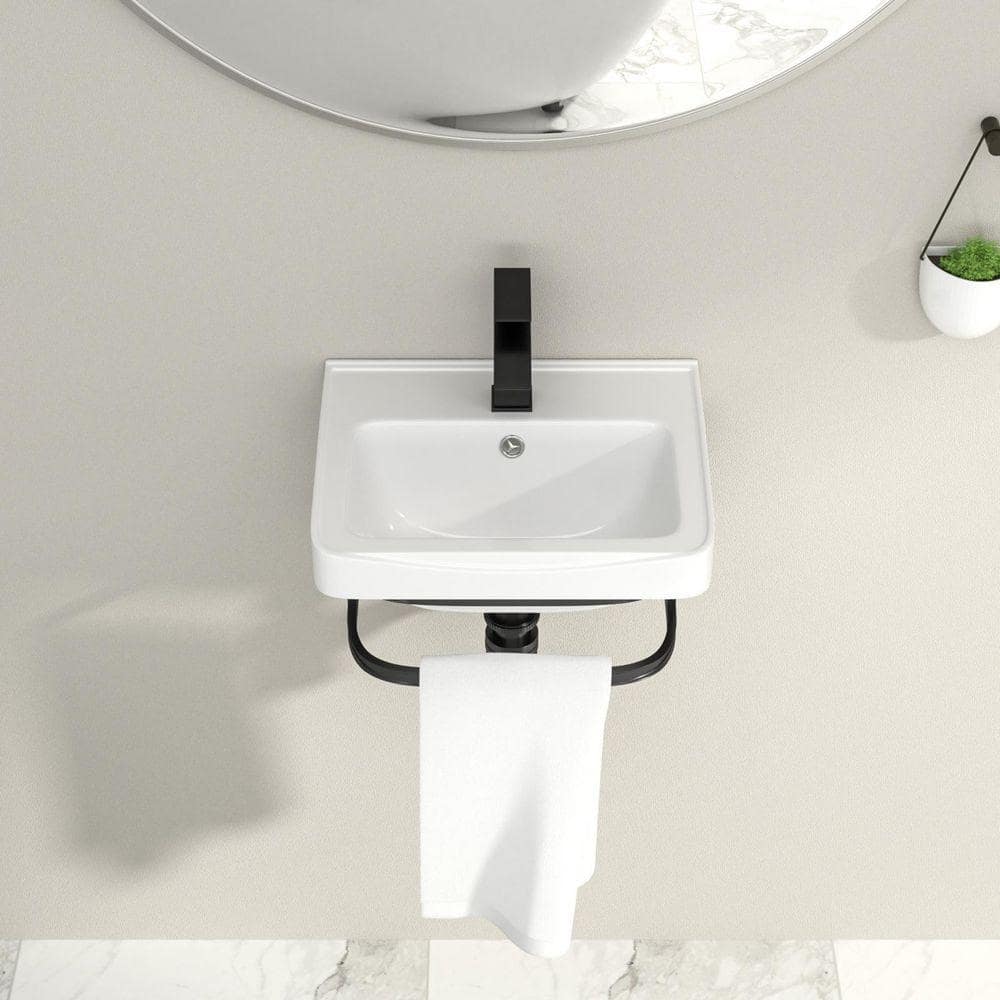 Logmey 17 in. Rectangular Ceramic Wall Mount Bathroom Sink in White with Black Towel Rack and Faucet (3)