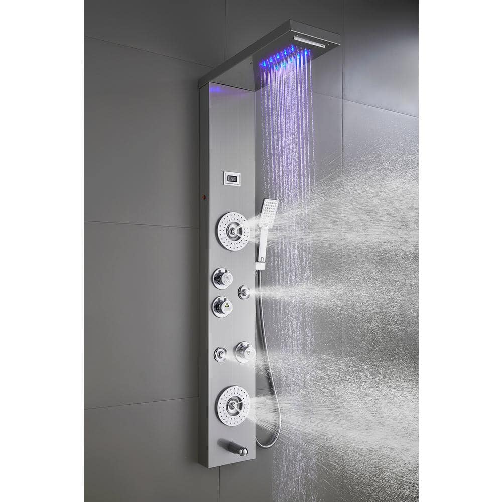 ELLO&ALLO 55 in. 6-Jet Shower Panel System with LED Rainfall Waterfall Shower Head Handshower and Tub Spout in Brushed Nickel (2)