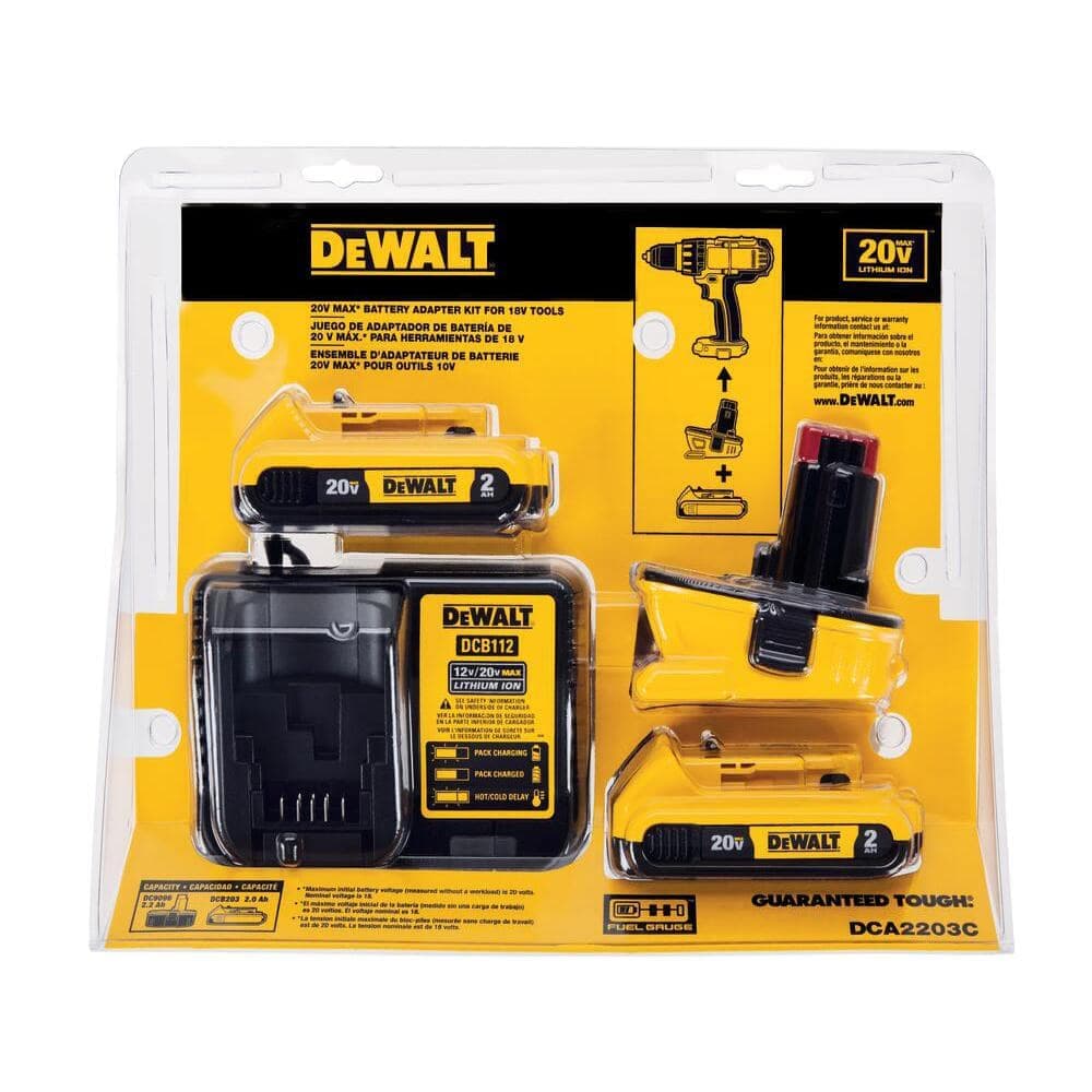DEWALT 18V to 20V MAX Lithium-Ion Battery Adapter, Charger, (2) 2.0Ah Battery--Packs and 20V MAX 5.0Ah Battery (2)