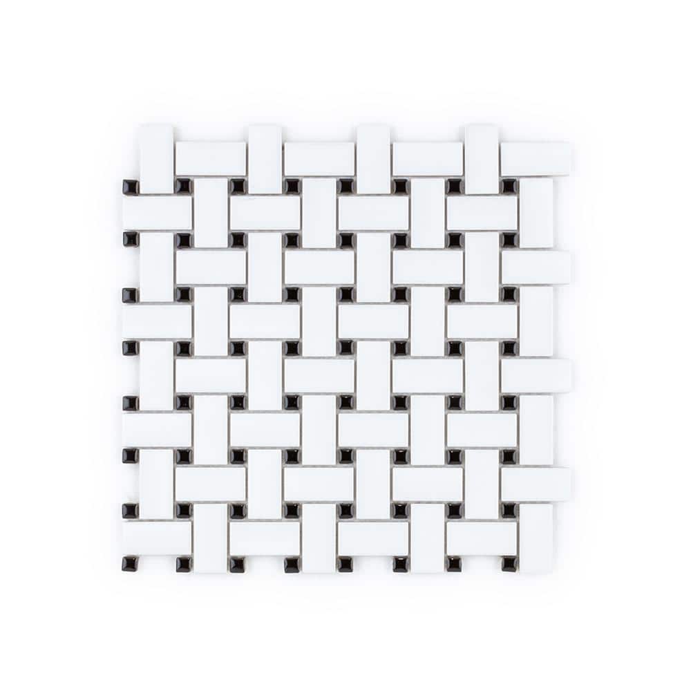 Jeffrey Court Plato Basketweave White 12 in. x 12 in. Matte and Gloss Dot Porcelain Wall and Floor Mosaic Tile (15 sq. ft. /Case)