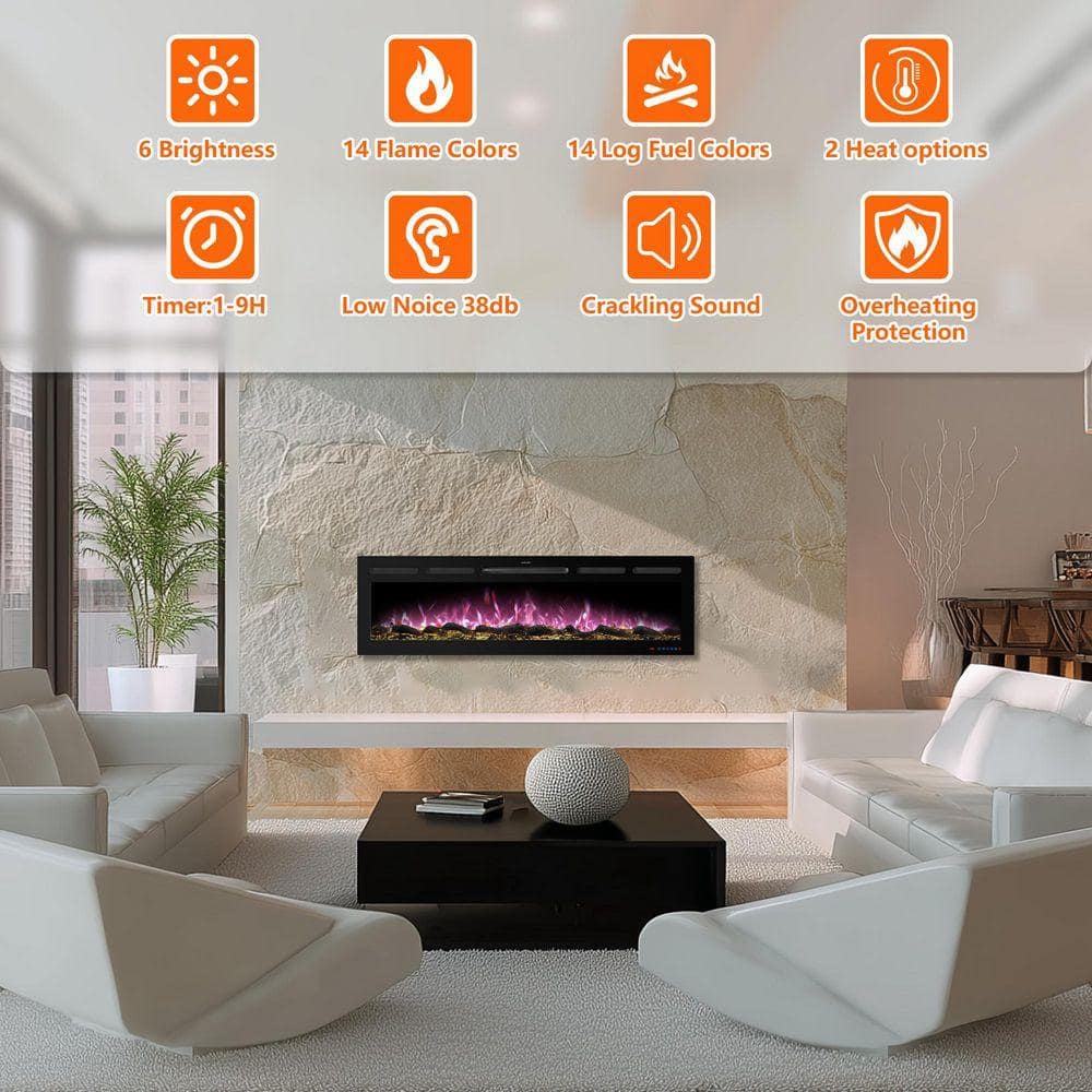 Prismaster ...keeps your home stylish 60 in. Ultra Slim Electric Fireplace Insert Recessed, Wall Mounted Wifi Control Logset Crackling Sound Multicolor Effect (3)