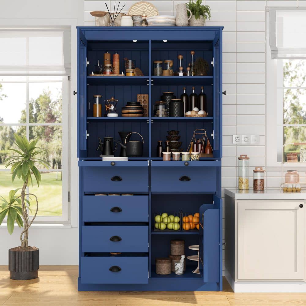 COWLOWN 40 in. W x 20 in. D x 72 in. H Blue Linen Cabinet Kitchen Pantry with Glass Doors, Coffee Bar Cabinet with Drawers (1)