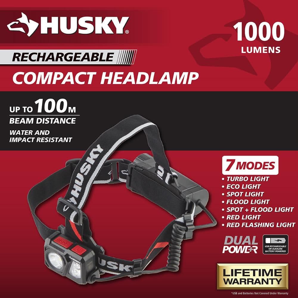 Husky 1000 Lumens Compact Dual Power LED Rechargeable Headlamp (3)