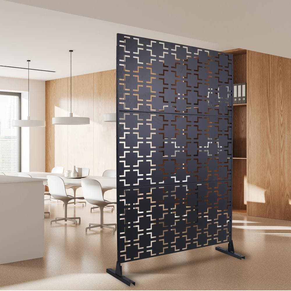 Zeus & Ruta 76 in. H Black Steel Outdoor and Indoor Freestanding Privacy Screens for Deck, Balcony, Patio, Outside, Lawn and Garden (2)
