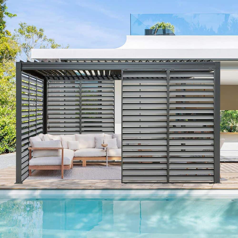 Unbranded 35.3 in. x 85.3 in. Gray Aluminum Fence Outdoor Louvered Pergola Screens, Pergola Accessories Privacy Screen for Gazebo (2)