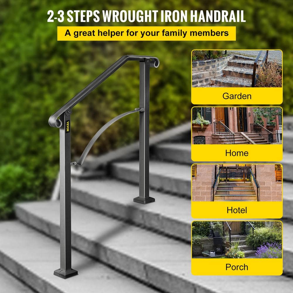 VEVOR 2 ft. Wrought Iron Handrail Fit 2 or 3 Steps Handrails for Outdoor Steps Flexible Porch Railing, Black (2)