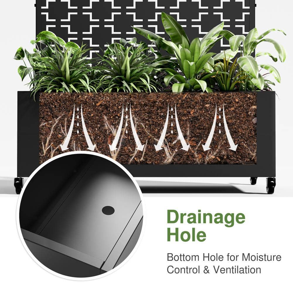 Lirago 72 in. x 47 in. Arched-Top Black Outdoor Metal Privacy Screen Raised Planter Box Wall Decor (3)