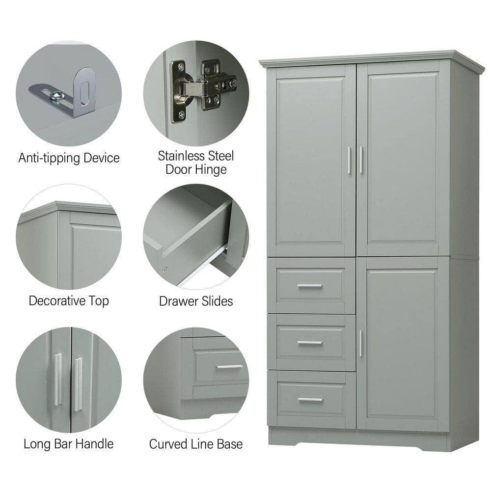 Polibi 32.60 in. H Wx19.60 in. H D 62.20 in. H Tall and Wide Linen Cabinet with 3-Drawers for Bathroom and Office (4)