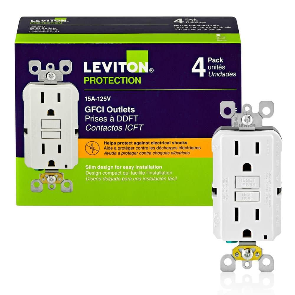 Leviton 15 Amp 125-Volt Duplex Self-Test Slim GFCI Outlet, White (4-Pack) GFNT1-4W