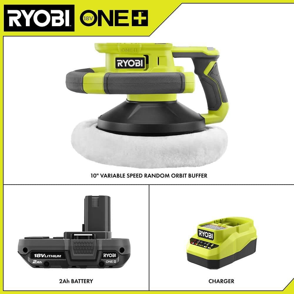 RYOBI ONE+ 18V Cordless 10 in. Variable Speed Random Orbit Buffer with 2.0 Ah Battery and Charger Kit (2)