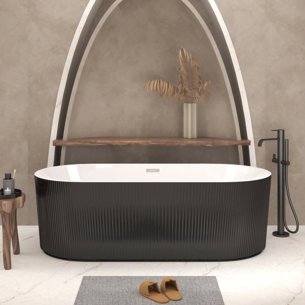 Flynama 63 Inch Matte Grey Solid Surface Bathtub, Stone Resin Freestanding Tub with Overflow and Drain (3)