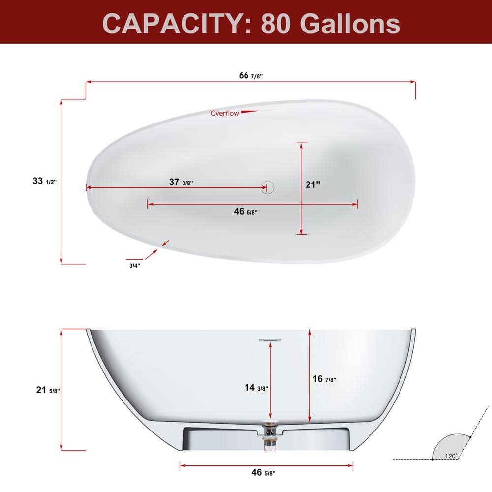 HOMEMYSTIQUE 66.88 in. x 33.5 in. Polyresin Flatbottom Freestanding Soakingl Bathtub with Center Drain in White (2)