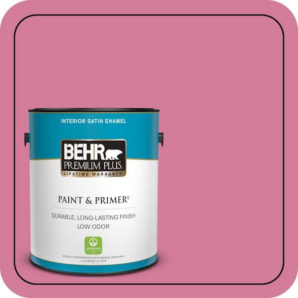 BEHR PREMIUM PLUS 1 gal. #P130-5 Little Bow Pink Satin Enamel Low Odor Interior Paint & Primer (2)