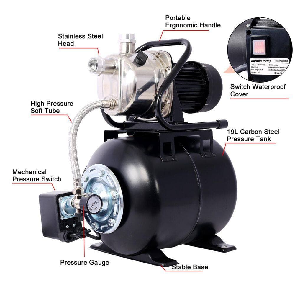 Tahanbath 1.6 HP Stainless Steel Shallow Well Pump with Pressure Tank-Garden/Irrigation and Automatic Water Booster (3)