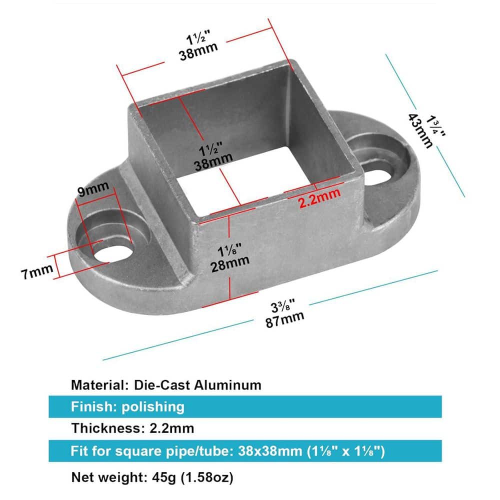 Afoxsos Aluminum Alloy Square Post Flange Base for 1-1/2 x 1-1/2 Wall Mount Rail End Bracket Deck Cable Railing 10 Pack (2)