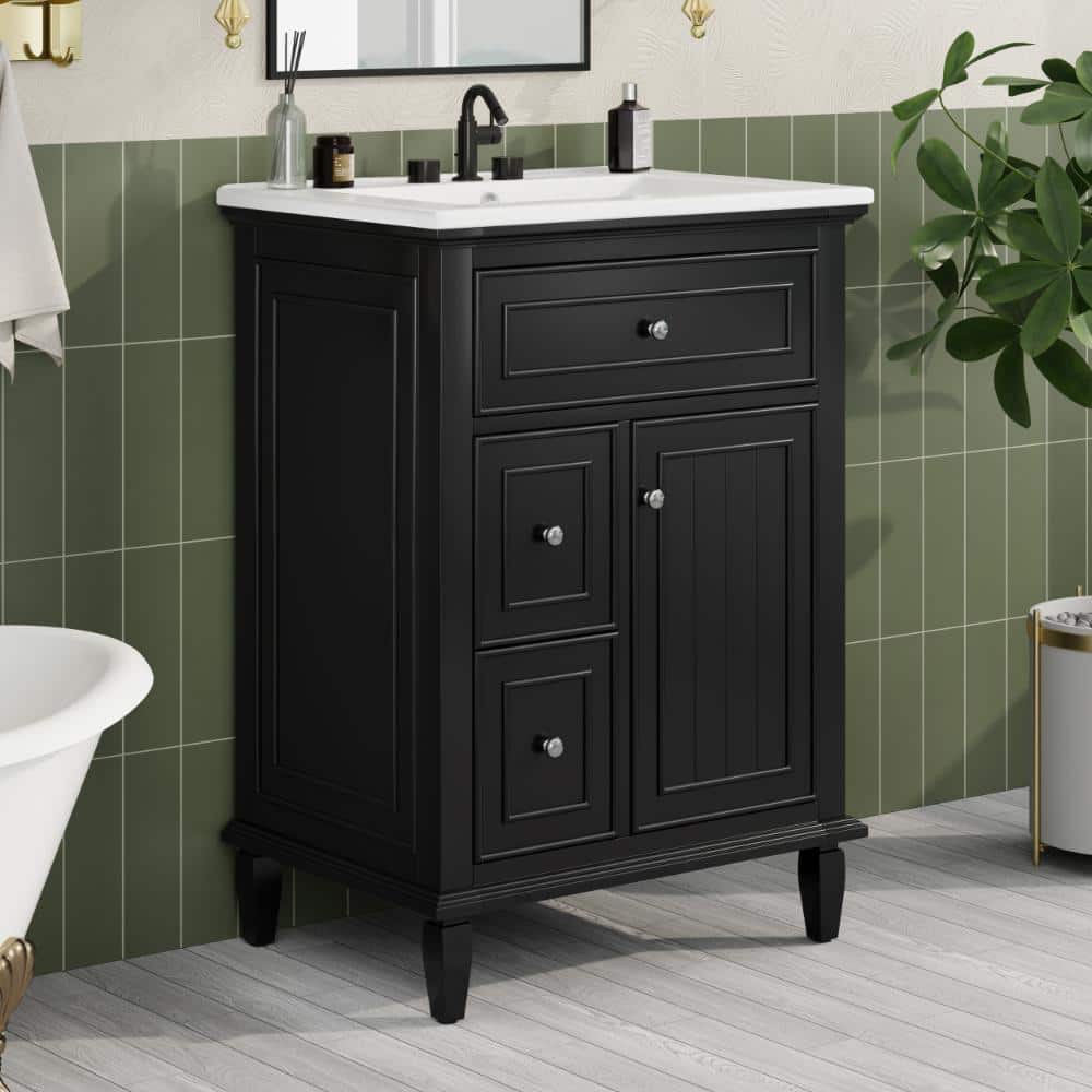 Flynama 24" Black Vanity Sink, Flip Drawer+2 Drawers, Adjustable Shelf (1)