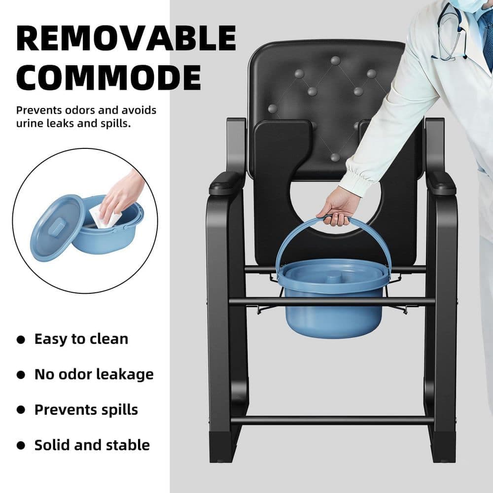 Numhew Heavy Duty Bedside Commode, High Backrest PU Leather Armchair with Extra Soft Padded Cushion, Elderly Safety Toilet Seat (3)