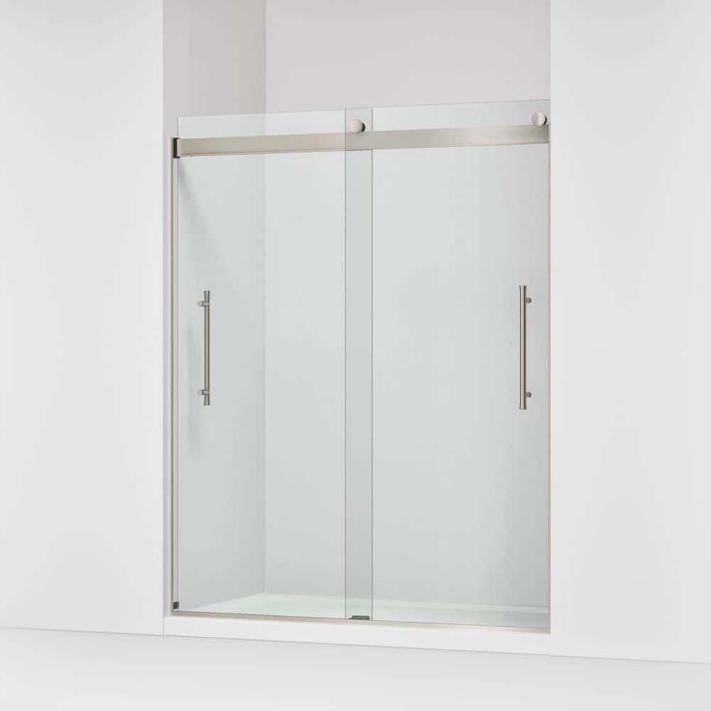 KOHLER Elmbrook 55-60 in. W x 74 in. H Sliding Frameless Shower Door in Anodized Brushed Nickel with 5/16 in. Thick Glass (2)