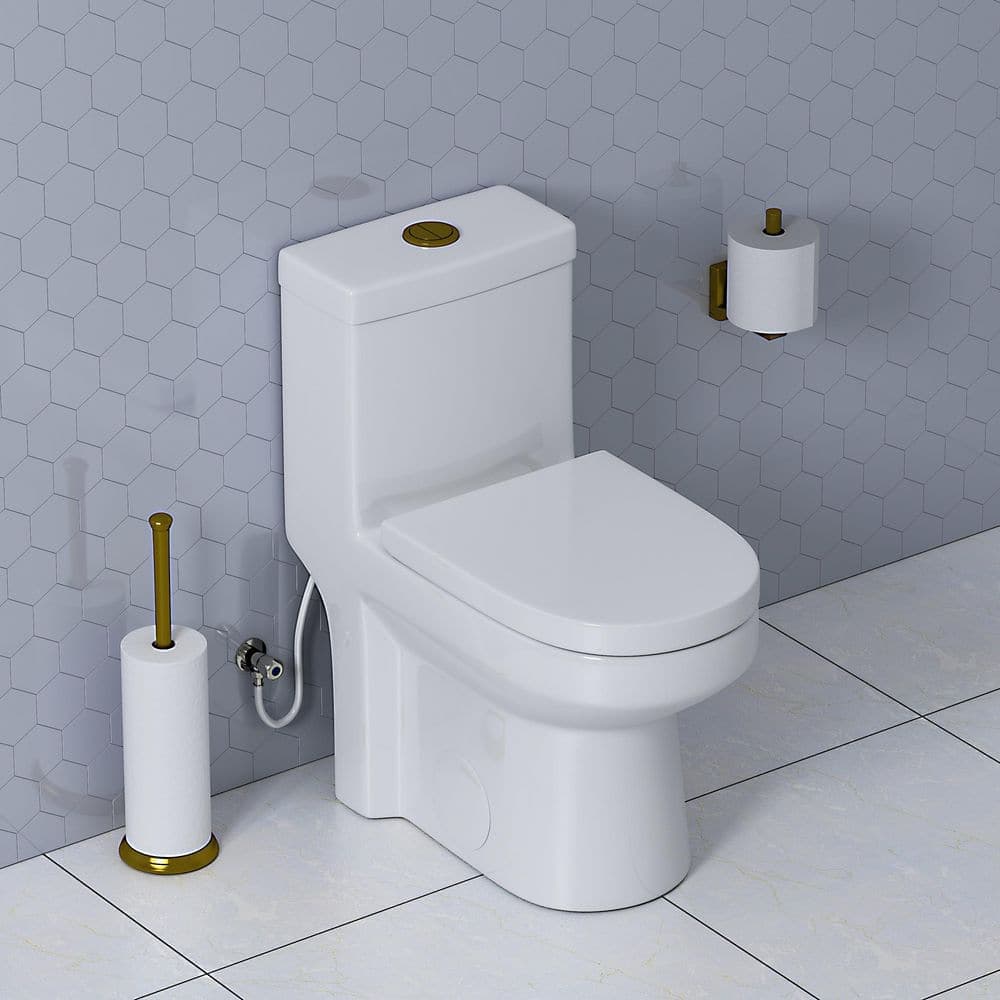 HOROW 1-piece 0.8/1.28 GPF High Efficiency Dual Flush Round Toilet in White with Seat Included and Brushed Gold Button (2)