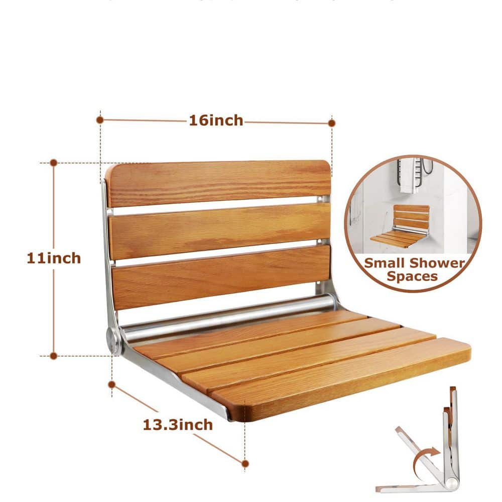 Wudkey Wall Mounted Foldable Wood Shower Seat in Yellow for Inside Shower, Folding Shower Bench for Small Shower Spaces (2)