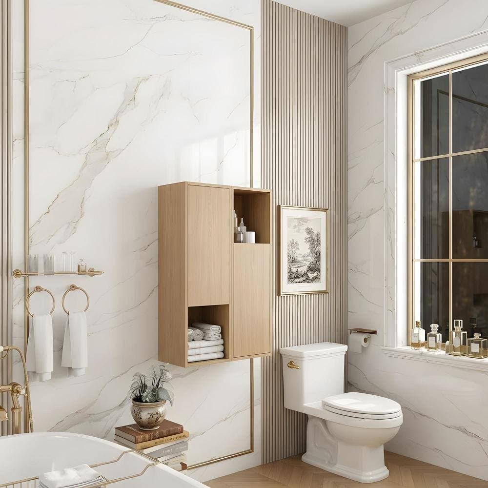 Zuvandra 23.62"W x 9.81"D x 35.44"H Plywood Bathroom Wall Cabinet Set with Doors,Built-in Shelves,and Open Shelves,Oak (2)