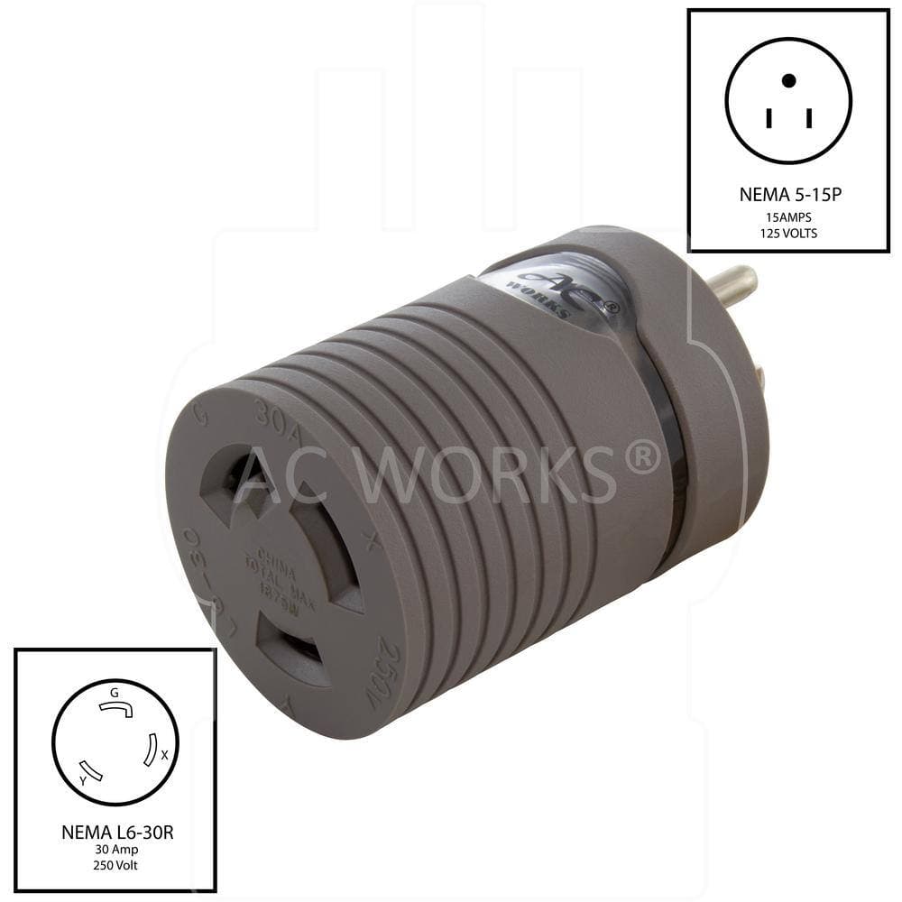 AC WORKS EVSE Upgrade EV Charging Adapter 15 Amp Household Plug to L6-30R Female Connector (2)