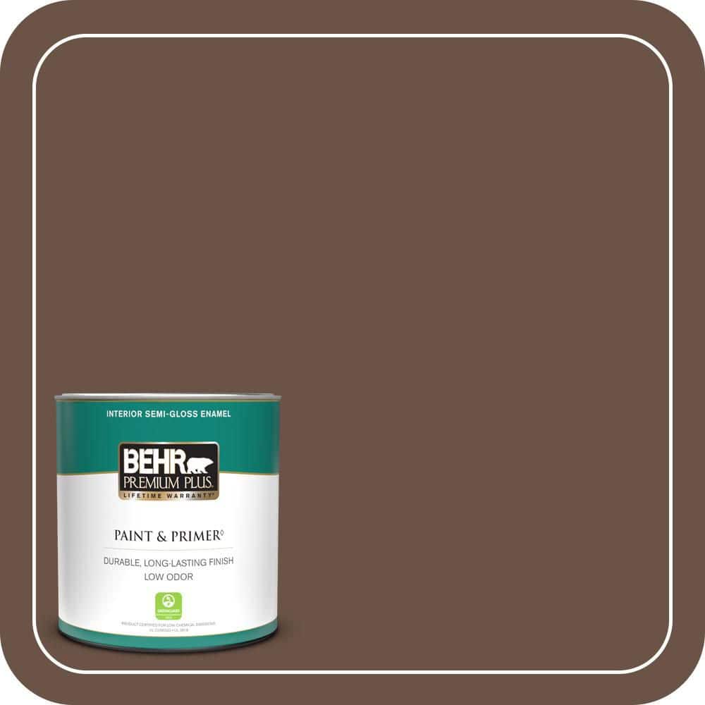 BEHR PREMIUM PLUS 1 qt. #MQ2-05A Authentic Brown Semi-Gloss Enamel Low Odor Interior Paint & Primer