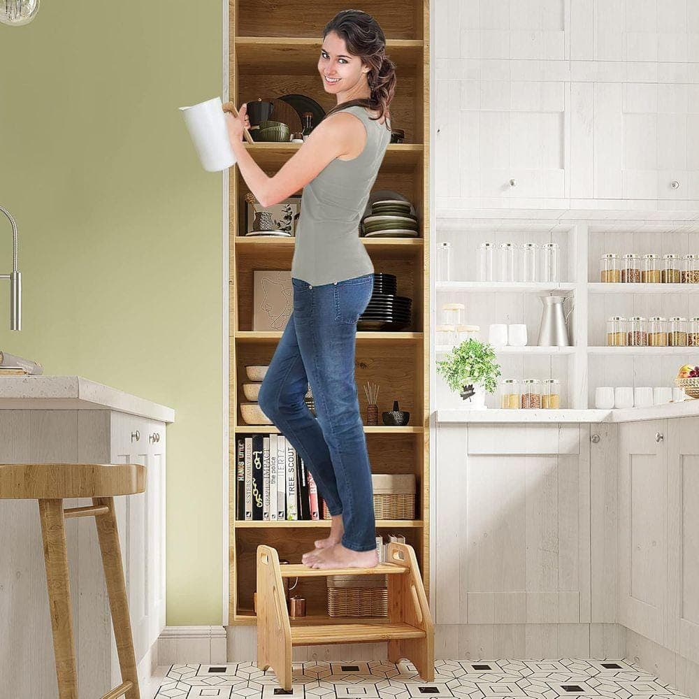 KIWDZFU 1 ft. Reach 2-Step Stool for Toddlers Non-Slip Bamboo Wood 300 lbs. Capacity Safety Handles Bathroom Kitchen Dual Height (3)