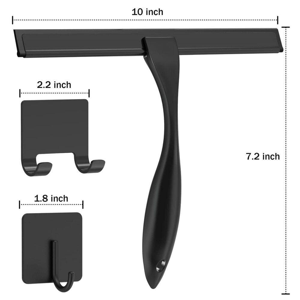 Wudkey 10 in. 1-Piece All-Purpose Squeegee with 2 Adhesive Hooks in Black Bathroom Cleaner Tool (2)