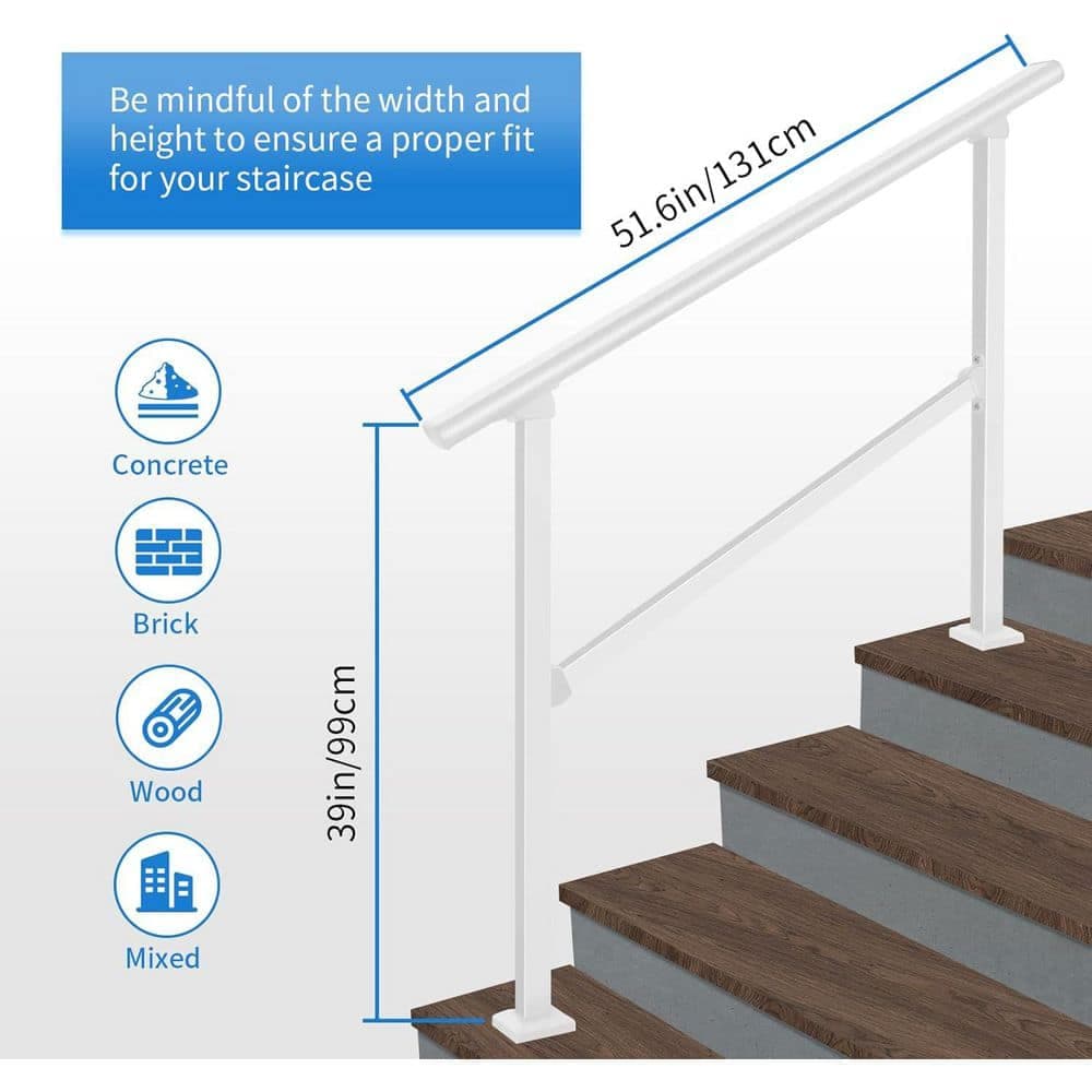 Afoxsos 4ft White Wrought Iron Outdoor Stair Handrail for 4 Steps w/ Easy DIY Installation Kit for Concrete & Wooden Steps (2)
