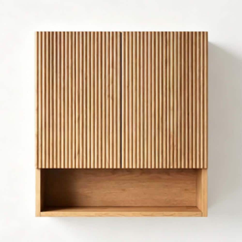 XUJMK 26 in. W x 8 in. D x 30 in. H Striped Bathroom Storage Wall Cabinet with Shelf Doors Open Storage Compartment in Natural (1)