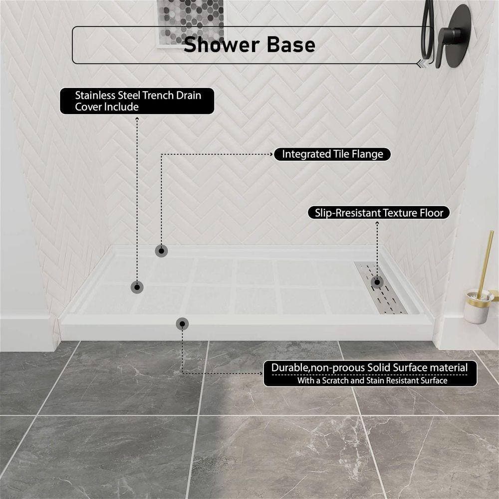 GIVING TREE 60 in. L x 34 in. W Solid Surface Alcove Shower Pan Base in White with Right Drain and Brushed Nickel Drain Cover (3)