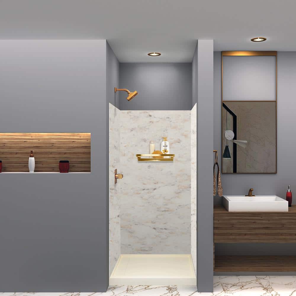 Transolid Saramar 36 in. W x 72 in. H x 36 in. D 3-Piece Glue to Wall Alcove Shower Wall Kit in Biscotti Marble Velvet (2)