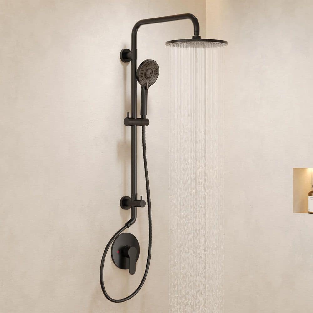 YAWWALK 2-Spray Round High Pressure Wall Bar Shower Kit with 3-Spray Hand Shower in Matte Black (Valve Included) (1)