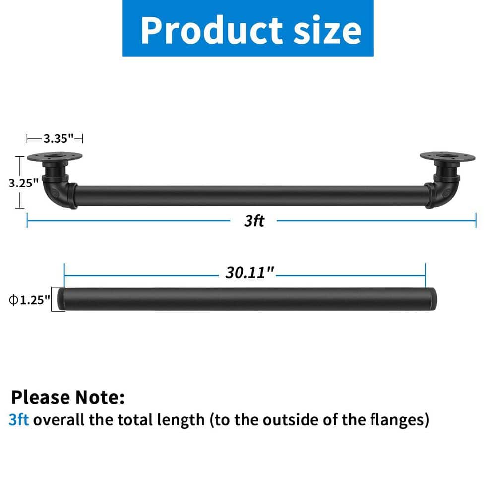 Unbranded 3 ft. Black Metal Handrail Industrial Indoor Staircase Railing with Wall Mount Support, 1-Piece (2)