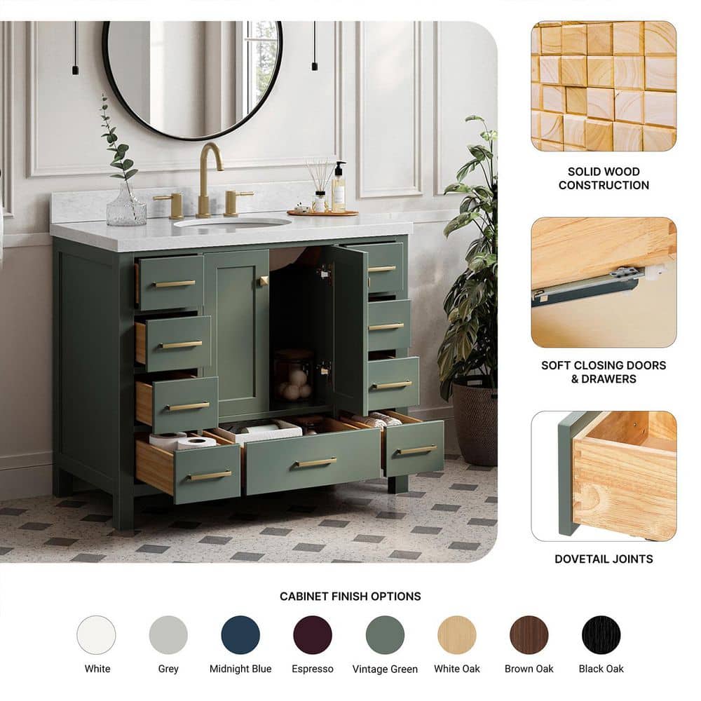 ARIEL Cambridge 42 in. Freestanding Bathroom Vanity Cabinet without Top in Vintage Green (Assembled) (3)