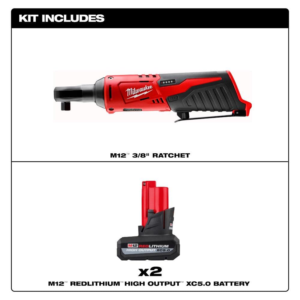 Milwaukee M12 12V Lithium-Ion 3/8 in. Cordless Ratchet with M12 XC High Output 5 Ah Battery (2-Pack) (2)