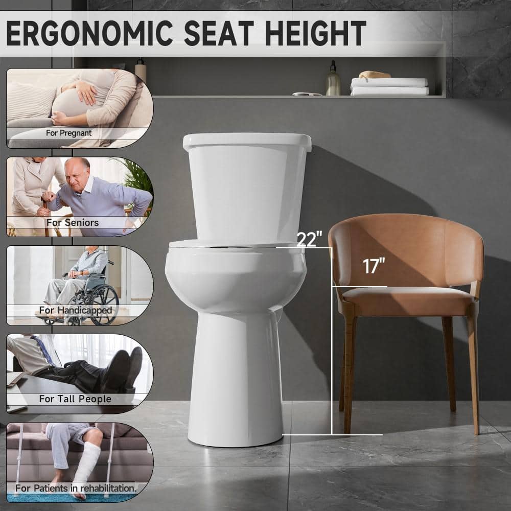 WetBase 21 in. Extra Tall 2-Piece Toilet 1.1/1.6 GPF Dual Flush Elongated Toilet in White 12 in. Rough in with Soft Close Seat (3)