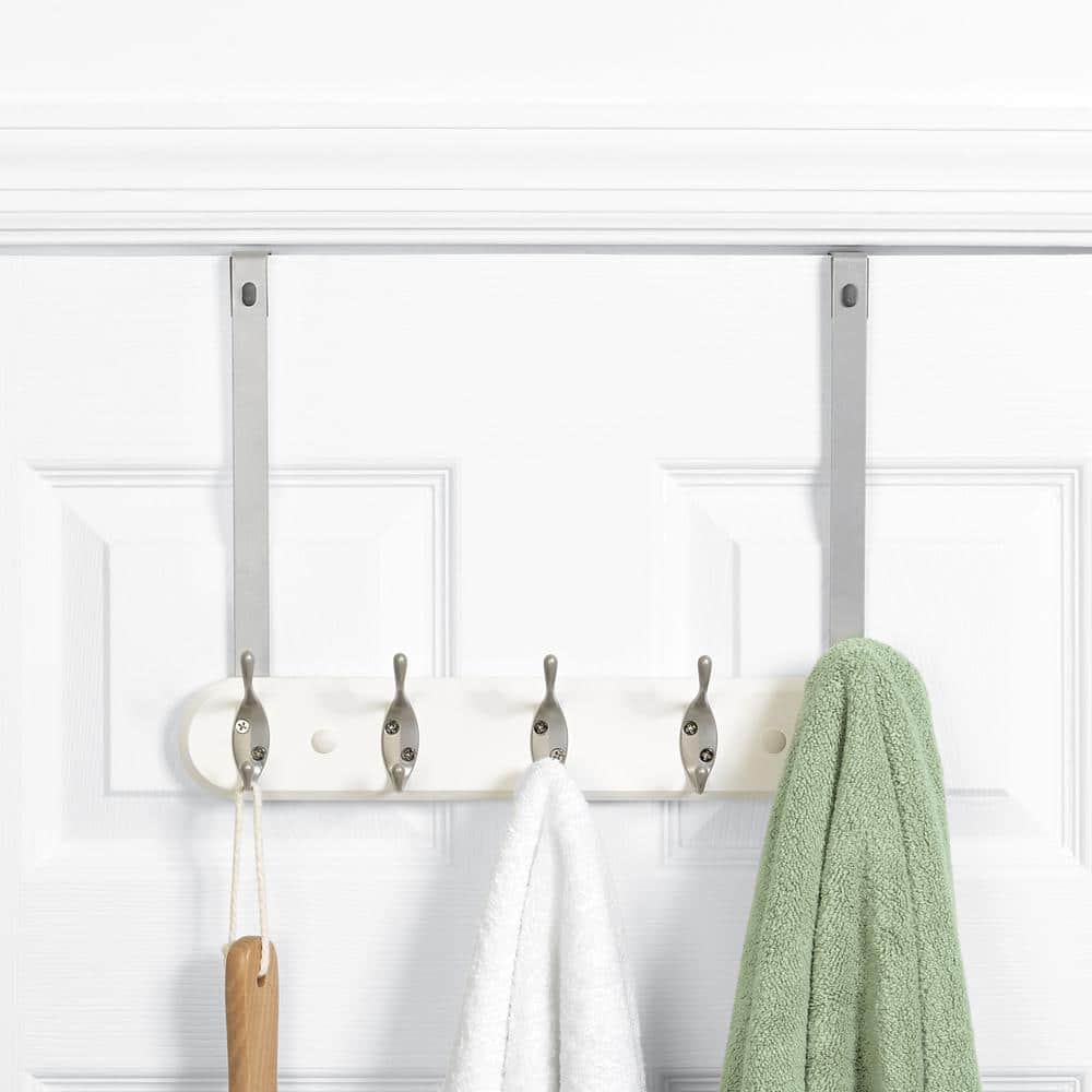 Zenna Home SnugFit J-Hook 5-Hook Over-the-Door or Wall-Mounted Dual-Mount Rack in Satin Nickel with White Wood (2)