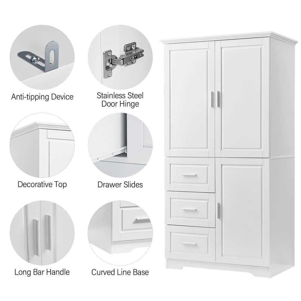Tatahance 32.6 in. W x 19.6 in. D x 62.2 in. H White MDF Board Tall Linen Cabinet with Adjustable Shelf and 3 Drawers (3)