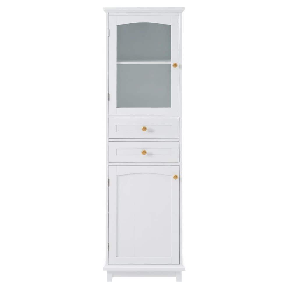 YSQCAR 18 in. W x 14 in. D x 63 in. H White MDF Freestanding Linen Cabinet with Glass Door, 2-Drawers (1)