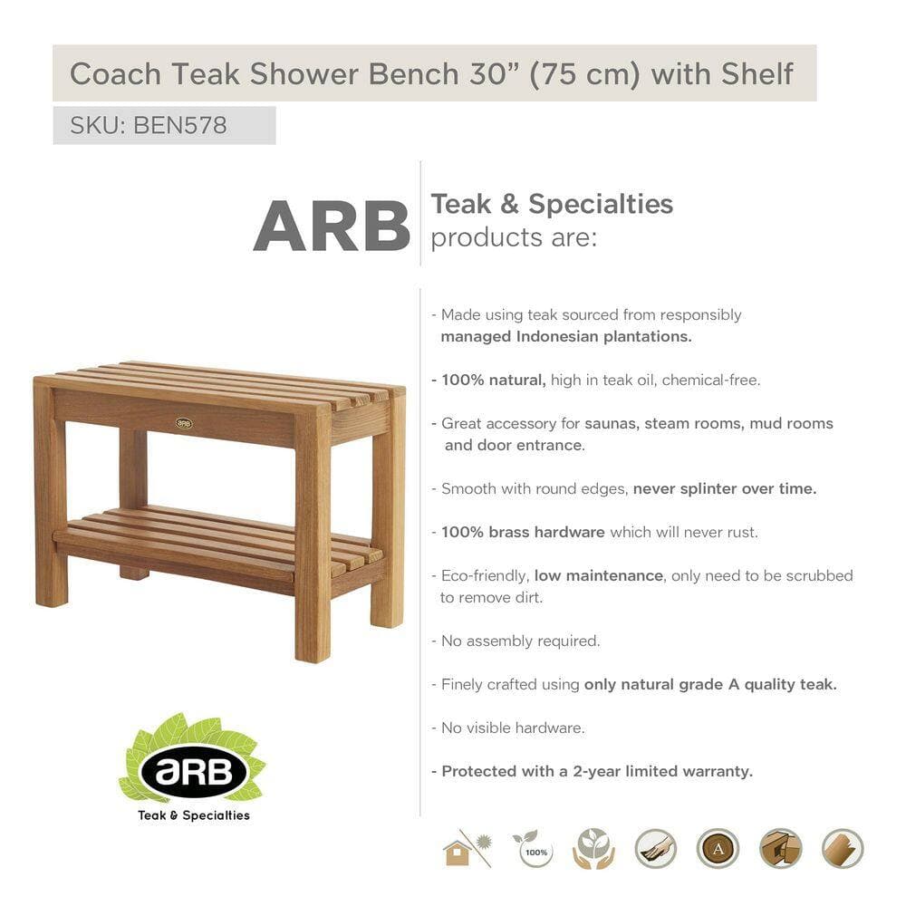 ARB Teak and Specialties Coach 30 in. W x 12.25 in. D x 17.75 in. H Flat Shower Seat with Shelf in Natural Teak (2)
