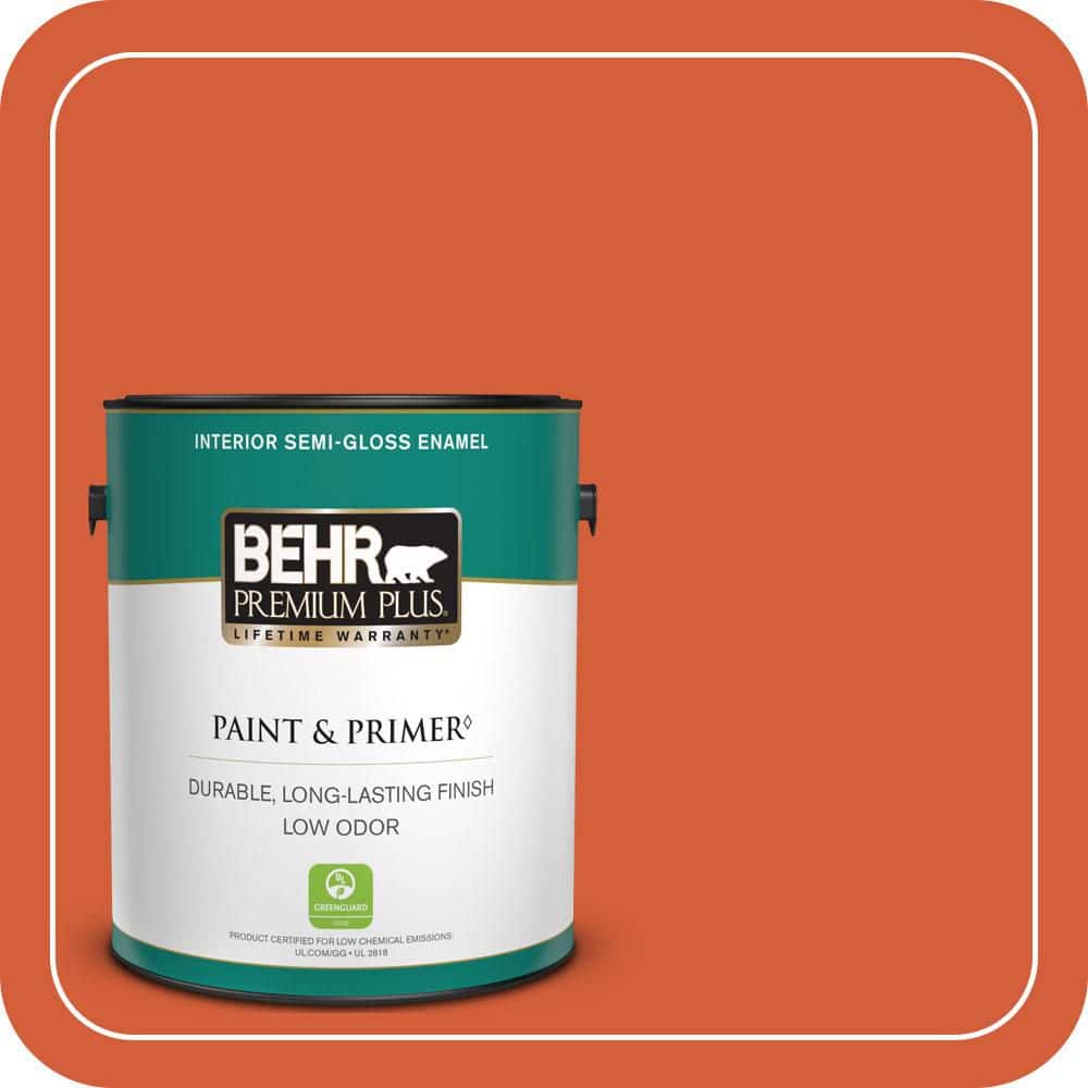 BEHR PREMIUM PLUS 1 gal. #S-G-220 Sweet Mandarin Semi-Gloss Enamel Low Odor Interior Paint & Primer