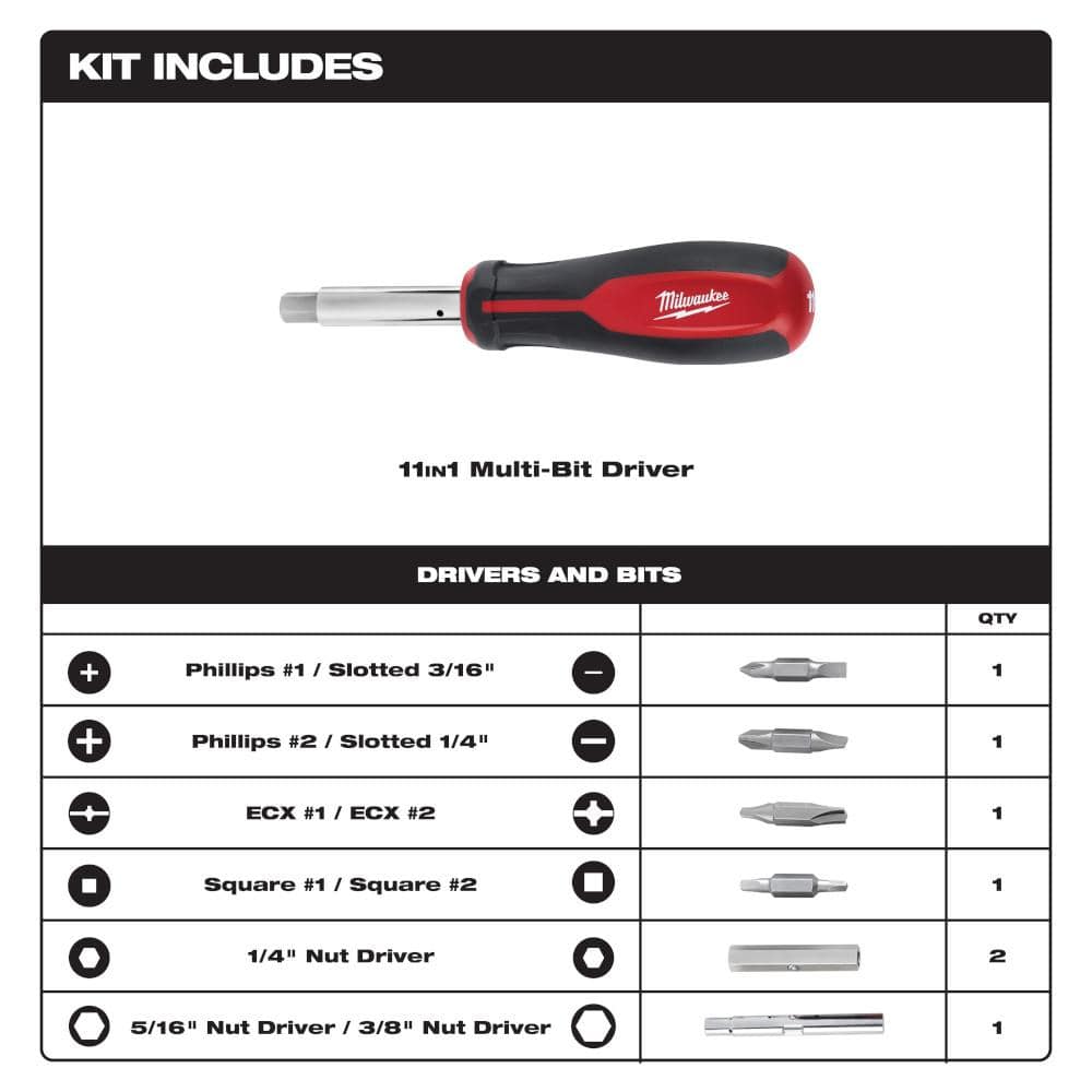 Milwaukee 11-in-1 Multi-Tip Screwdriver with ECX Driver Bits (2)