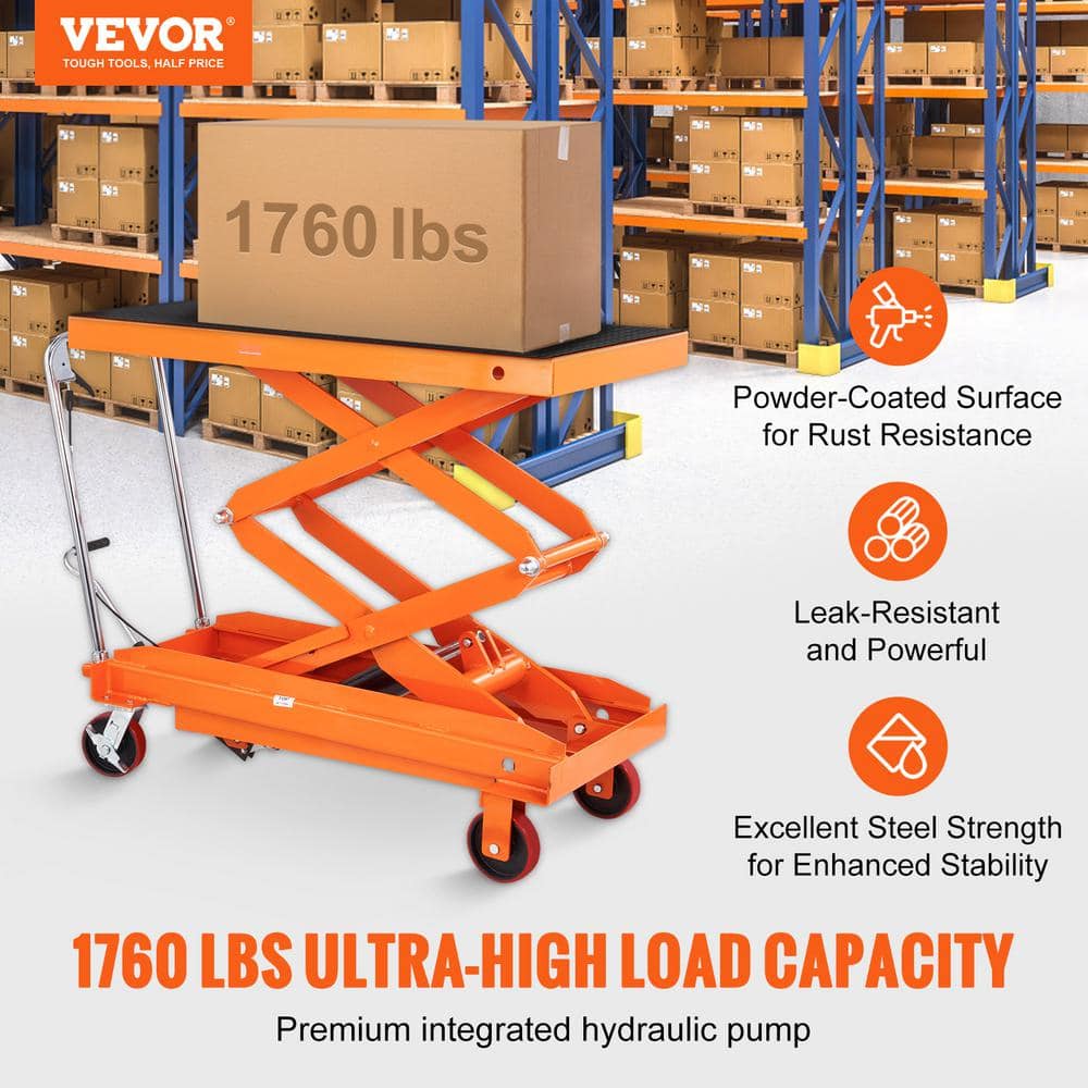 VEVOR Hydraulic Scissor Cart 1760 lbs. Manual Double Hydraulic Lift Table Cart 59 in. Lifting Height for Material Handling (3)
