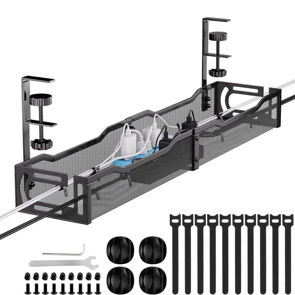 Unbranded 25 in. Under Desk Cable Management Tray, Metal Cord Organizer with Clamp for Standing Desk, Black Wire/Cable Type Cord (3)